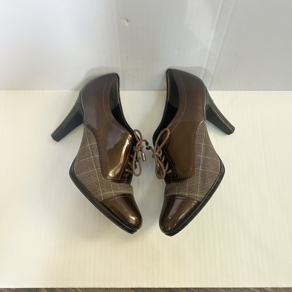 Anne Klein Brown Plaid Vintage Style Lace Up Oxford Heels Preppy Office Siren